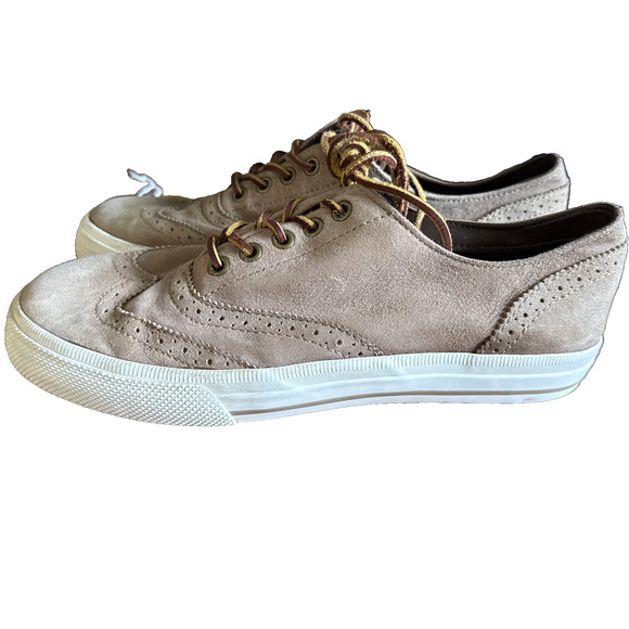 Polo Ralph Lauren Mens US 7.5 Vultan Wingtip Oiled Suede Sneakers Tan Preppy - Picture 3 of 12